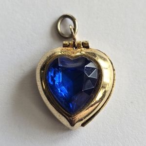 Vintage locket pendant blue gem heart gold tone metal charm valentine